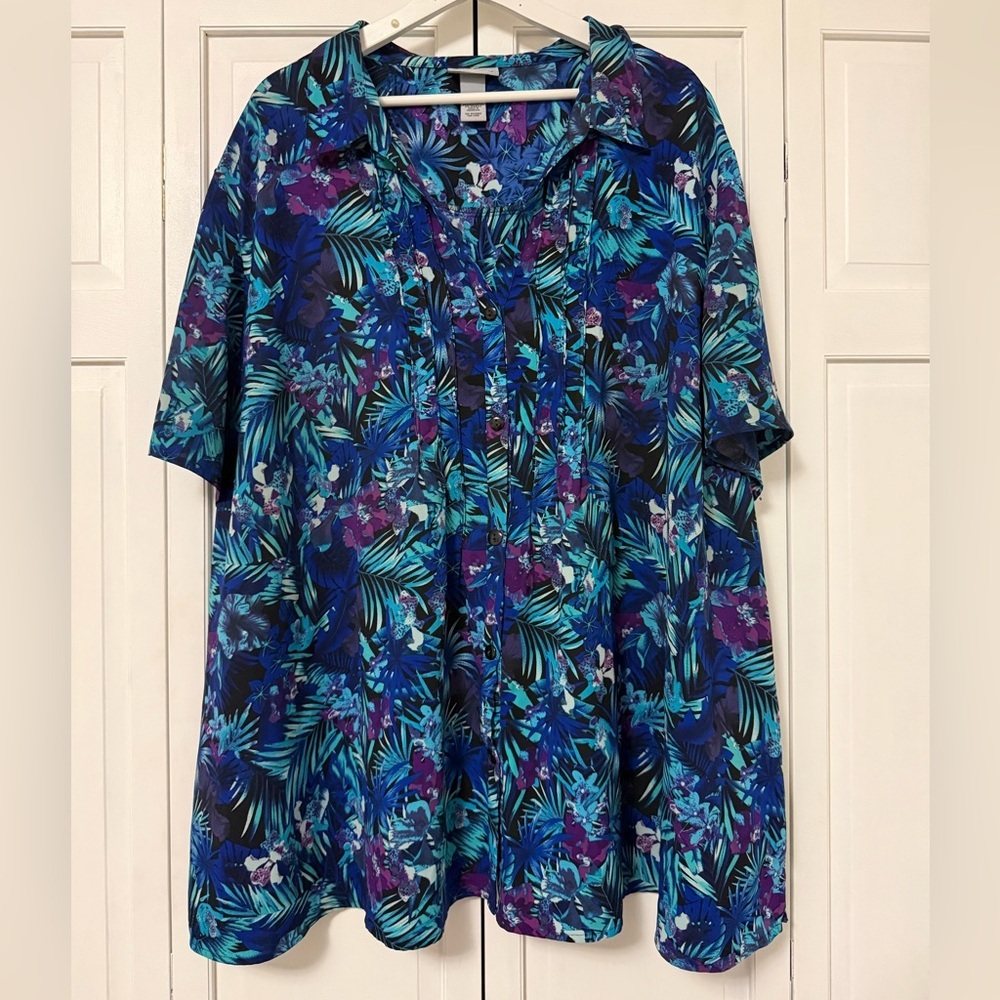 Catherines Multicolor Tropical Print Button-Up Short Sleeve Top Size 4X